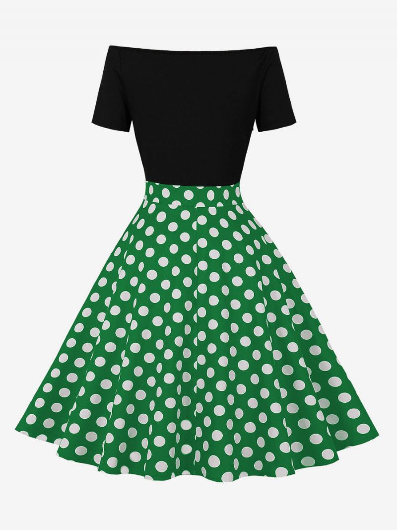 Naisten Retromekko 1950-luvun Audrey Hepburn -tyylinen Jalokivikaula Lyhythihainen Polvipituinen Pilkku Rockabilly-mekko - Vihreä