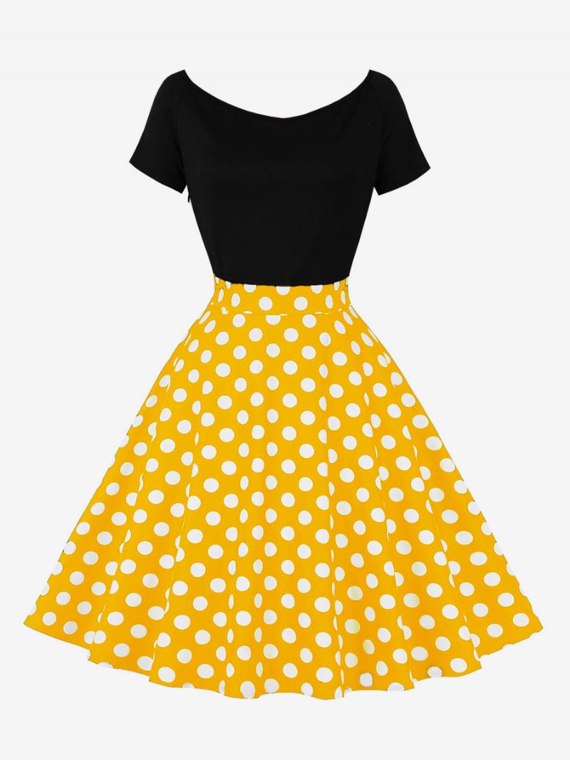 Naisten Retromekko 1950-luvun Audrey Hepburn -tyylinen Jalokivikaula Lyhythihainen Polvipituinen Pilkku Rockabilly-mekko - Keltainen