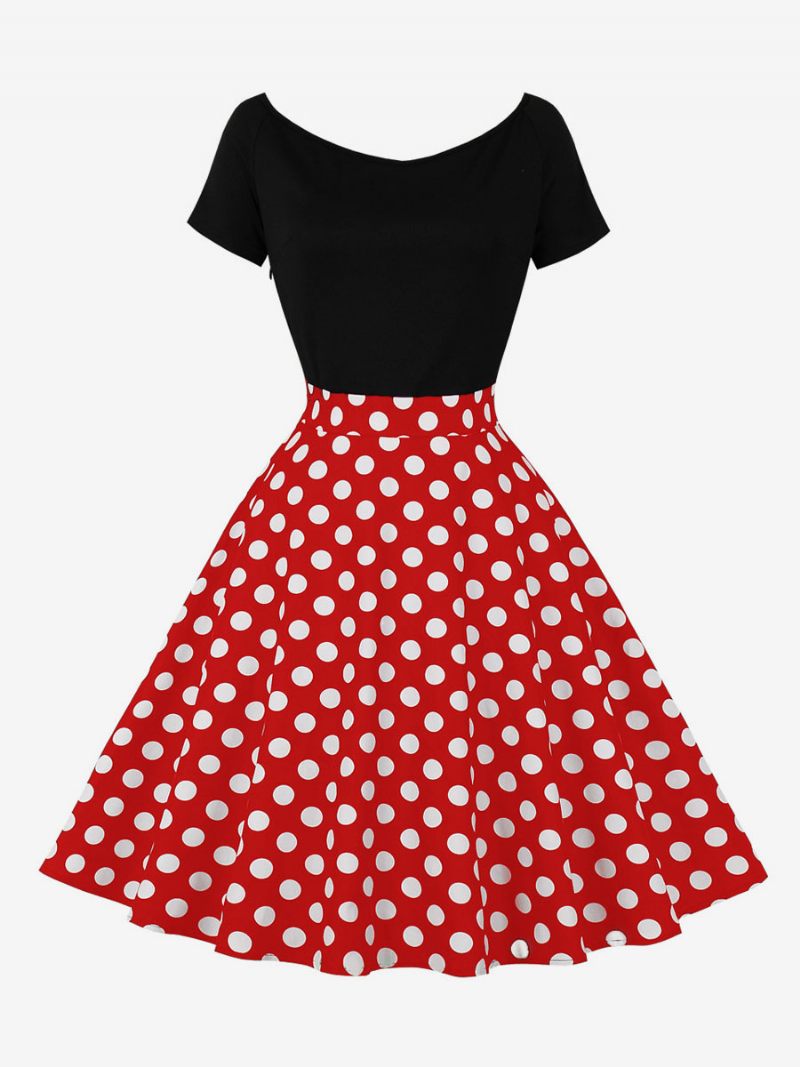 Naisten Retromekko 1950-luvun Audrey Hepburn -tyylinen Jalokivikaula Lyhythihainen Polvipituinen Pilkku Rockabilly-mekko - Punainen