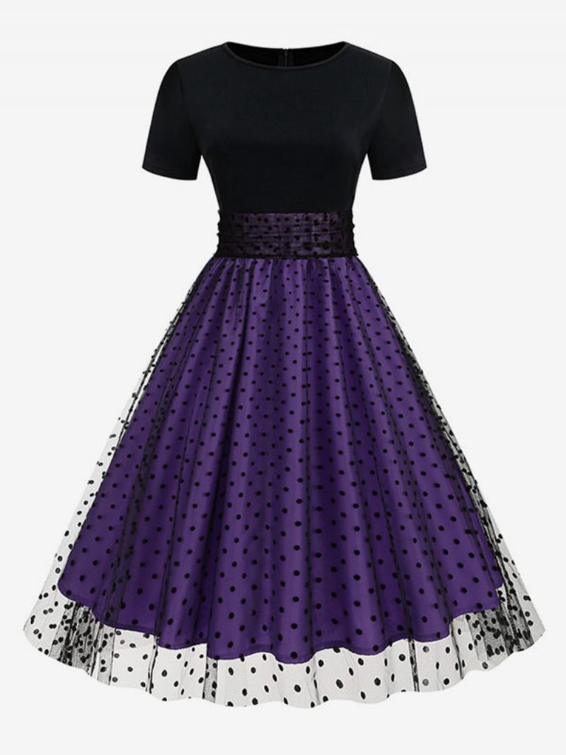 Naisten Retromekko 1950-luvun Audrey Hepburn -tyylinen Jalokivikauluksella Kerrostettu Lyhythihainen Keskikokoinen Pilkku Rockabilly-mekko - Purppura