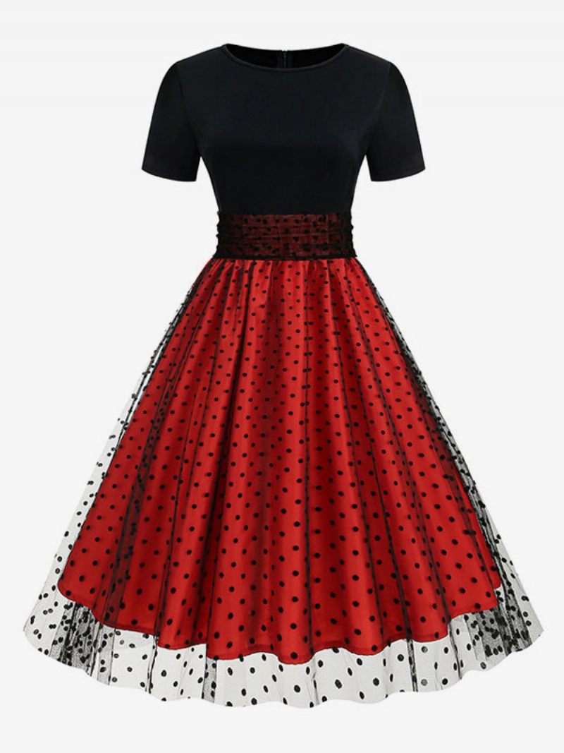 Naisten Retromekko 1950-luvun Audrey Hepburn -tyylinen Jalokivikauluksella Kerrostettu Lyhythihainen Keskikokoinen Pilkku Rockabilly-mekko - Punainen