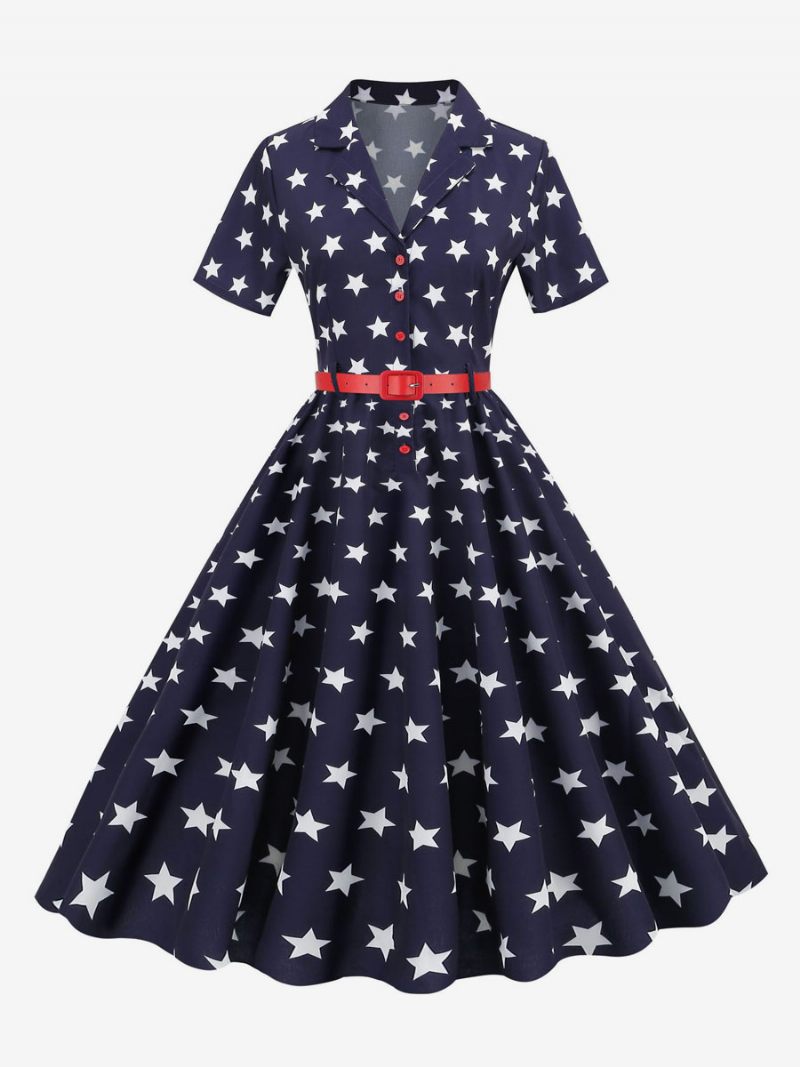 Naisten Retromekko 1950-luvun Audrey Hepburn -tyylinen V-kaula-aukkoinen Vyökerroksinen Lyhythihainen Keskikokoinen Rockabilly-mekko - Tumma Laivasto