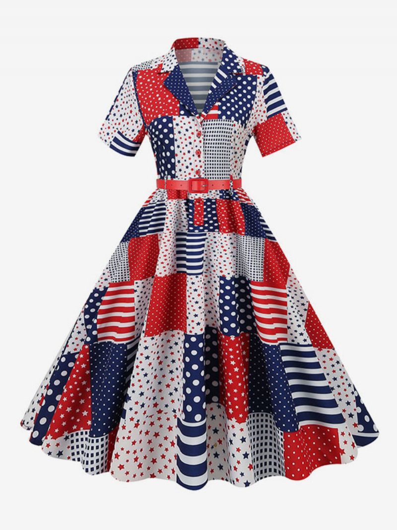 Naisten Retromekko 1950-luvun Audrey Hepburn -tyylinen V-kaula-aukkoinen Vyökerroksinen Lyhythihainen Keskikokoinen Rockabilly-mekko - Punainen