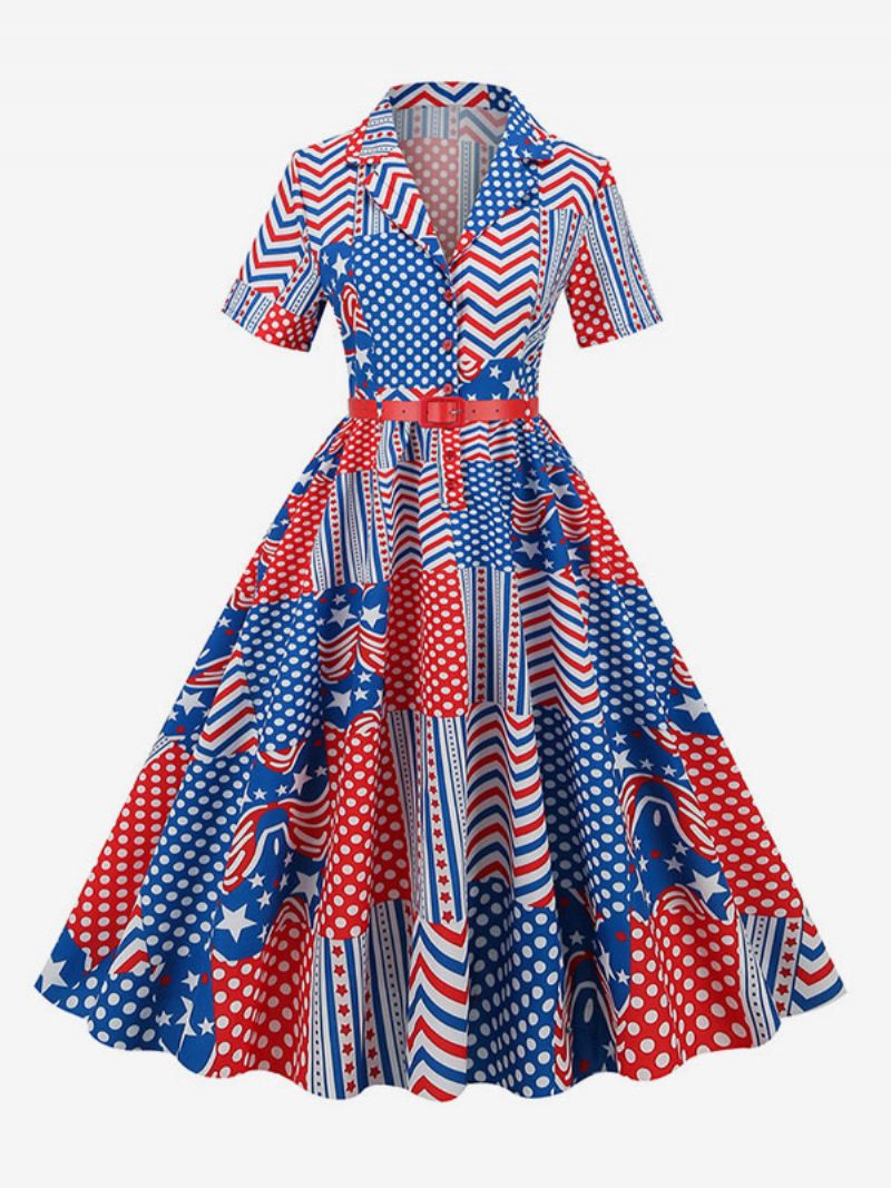 Naisten Retromekko 1950-luvun Audrey Hepburn -tyylinen V-kaula-aukkoinen Vyökerroksinen Lyhythihainen Keskikokoinen Rockabilly-mekko - Sininen