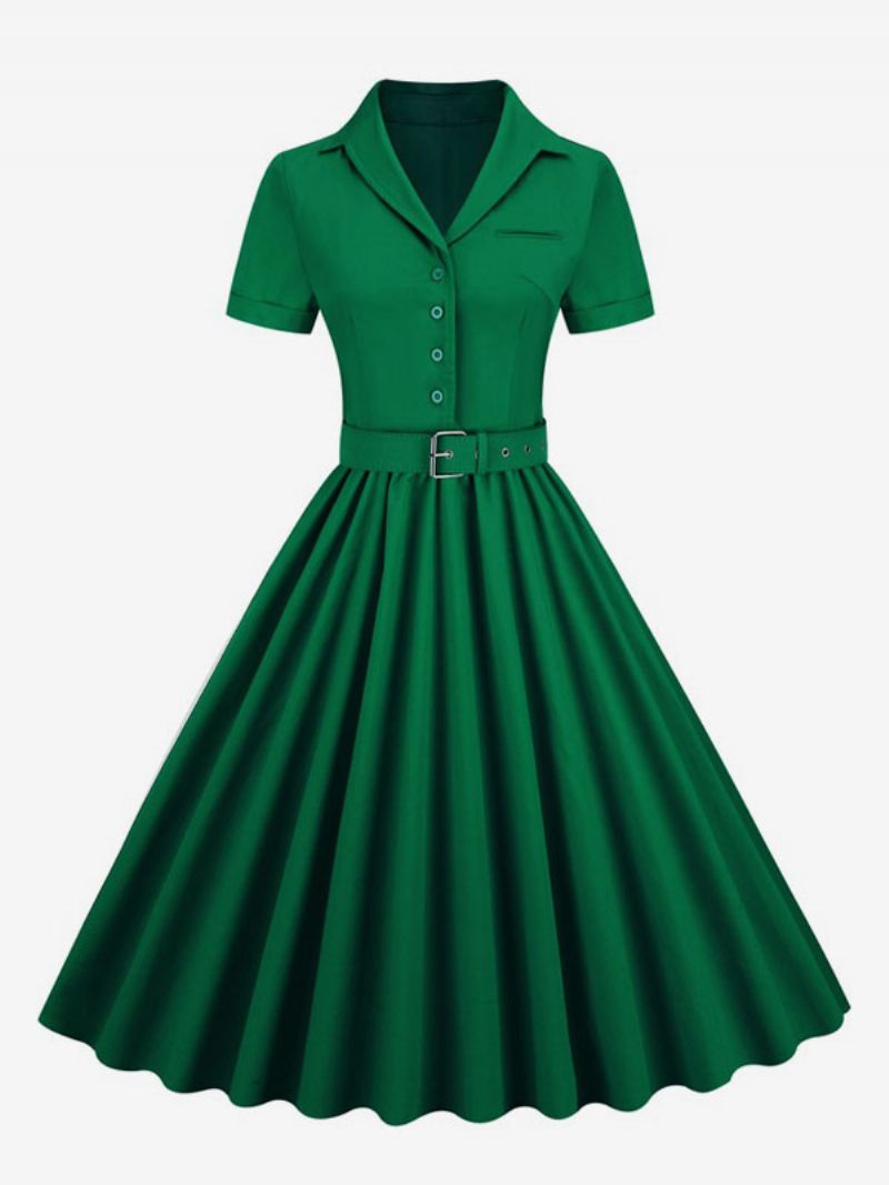 Naisten Retromekko 1950-luvun Audrey Hepburn -tyylinen V-pääntie Napit Kerroksittain Lyhyet Hihat Keskikokoinen Rockabilly-mekko - Tummanvihreä