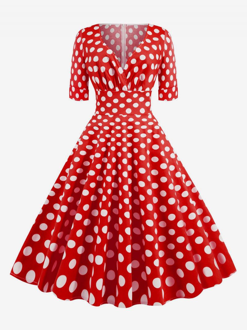 Naisten Vintage-mekko 1950-luvun Audrey Hepburn -tyylinen Punainen Pilkullinen Lyhythihainen V-kaula-swing-mekko