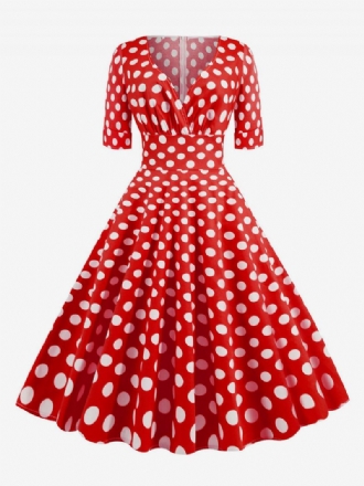 Naisten Vintage-mekko 1950-luvun Audrey Hepburn -tyylinen Punainen Pilkullinen Lyhythihainen V-kaula-swing-mekko