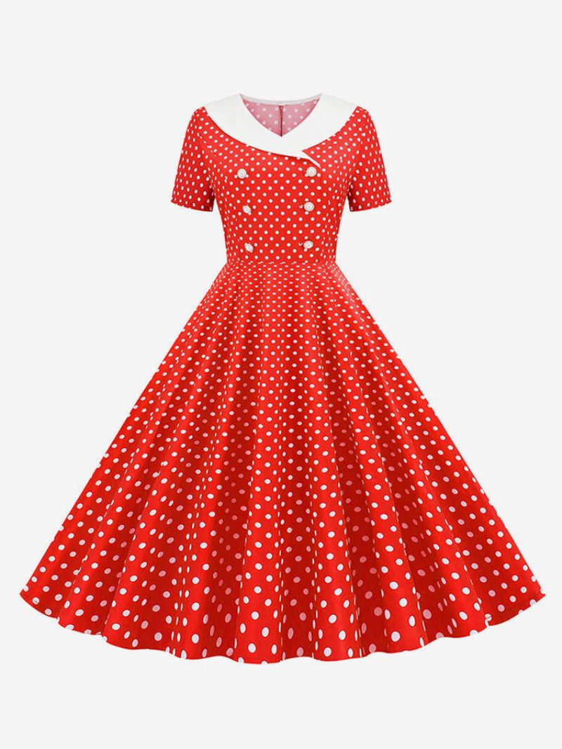 Naisten Vintage-mekko 1950-luvun Audrey Hepburn -tyylinen V-kaula-aukkoinen Lyhythihainen Polvipituinen Täplikäs Swing-mekko