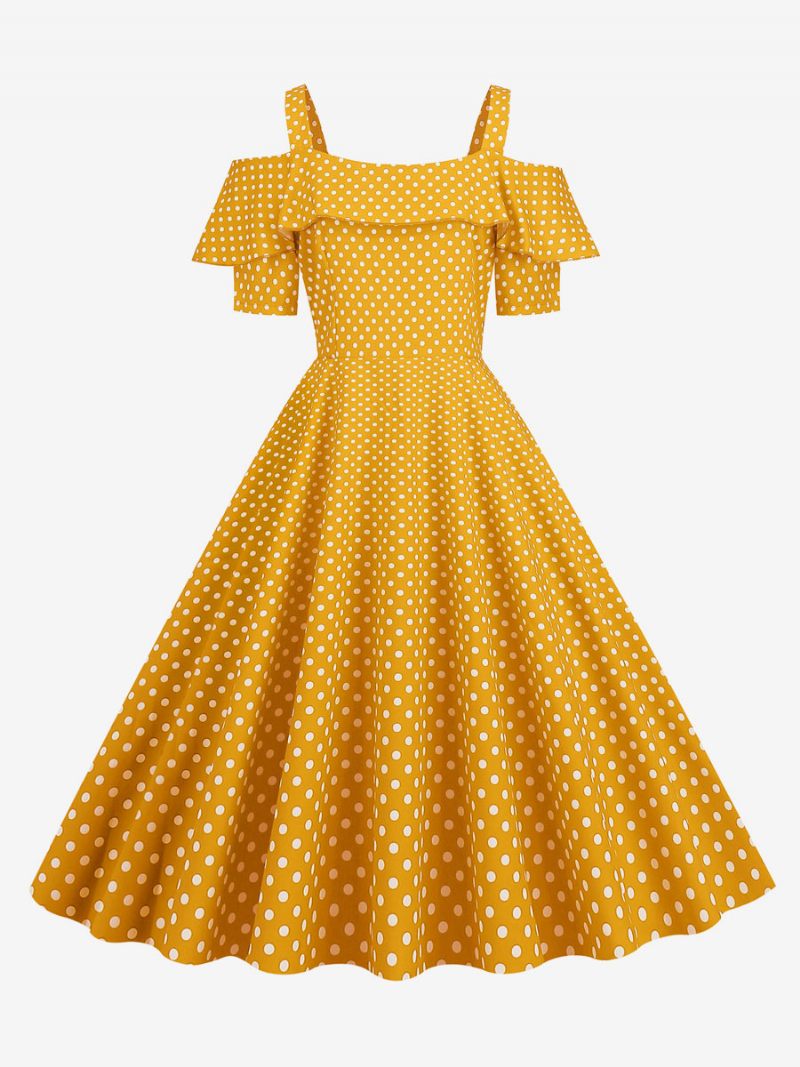 Naisten Vintage-mekko 1950-luvun Bateau-kaula-aukkoinen Lyhythihainen Keskikokoinen Pilkullinen Rockabilly-mekko - Keltainen