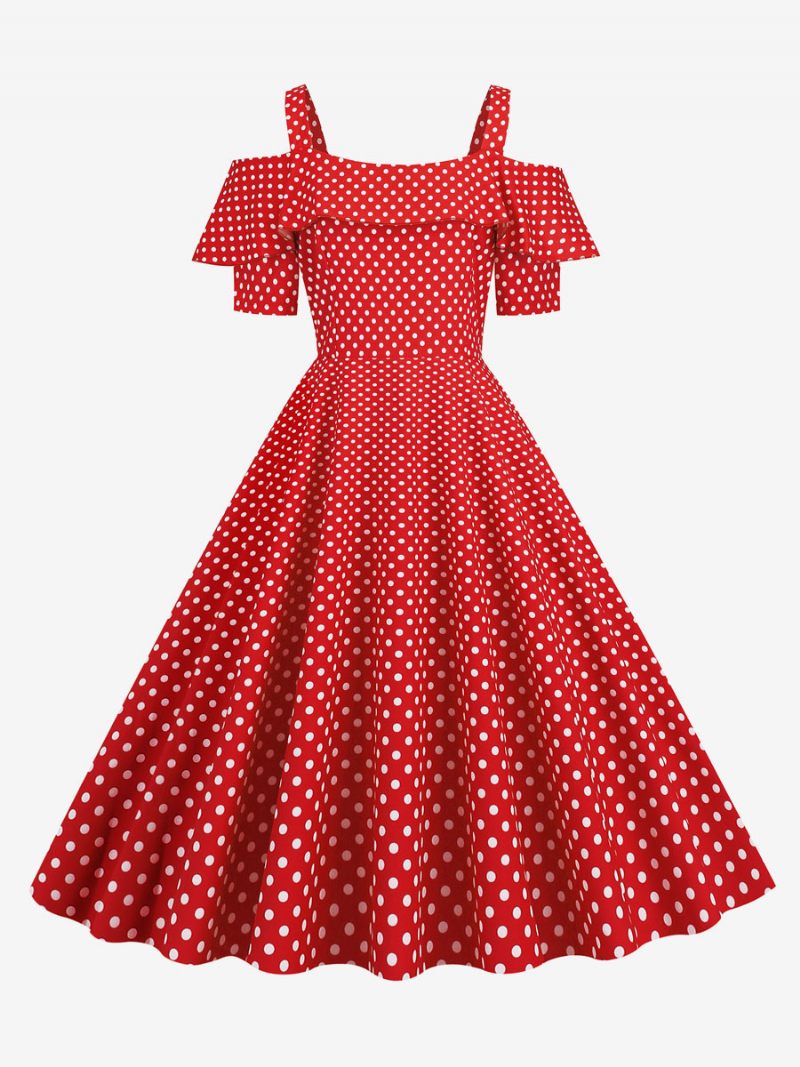 Naisten Vintage-mekko 1950-luvun Bateau-kaula-aukkoinen Lyhythihainen Keskikokoinen Pilkullinen Rockabilly-mekko - Punainen