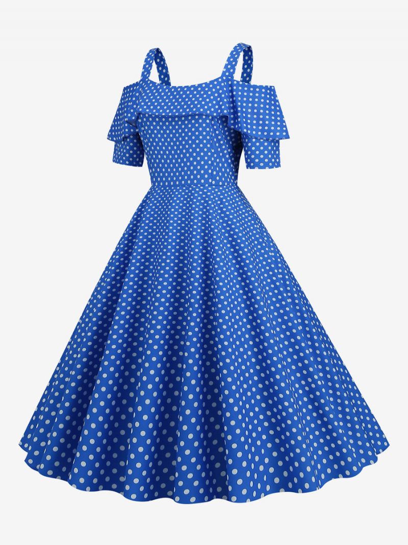 Naisten Vintage-mekko 1950-luvun Bateau-kaula-aukkoinen Lyhythihainen Keskikokoinen Pilkullinen Rockabilly-mekko - Sininen