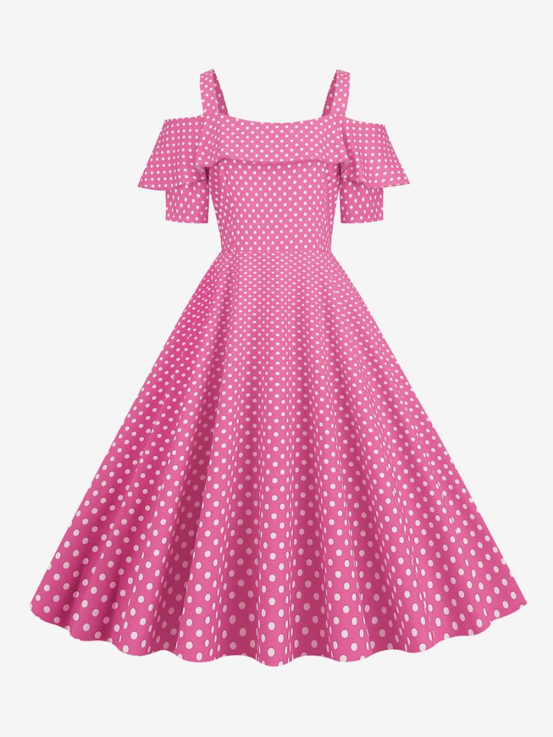 Naisten Vintage-mekko 1950-luvun Bateau-kaula-aukkoinen Lyhythihainen Keskikokoinen Pilkullinen Rockabilly-mekko - Pink