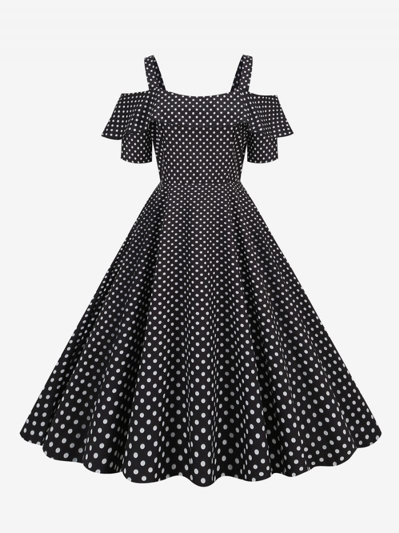 Naisten Vintage-mekko 1950-luvun Bateau-kaula-aukkoinen Lyhythihainen Keskikokoinen Pilkullinen Rockabilly-mekko - Musta