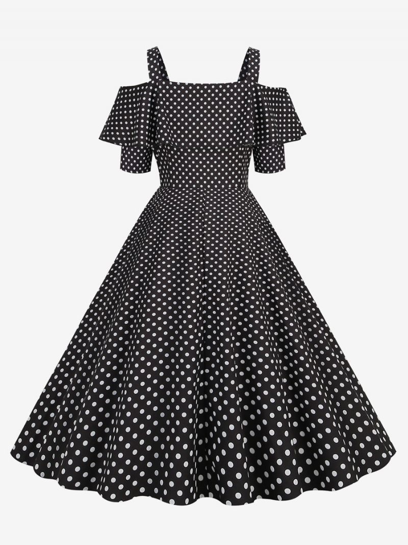 Naisten Vintage-mekko 1950-luvun Bateau-kaula-aukkoinen Lyhythihainen Keskikokoinen Pilkullinen Rockabilly-mekko - Musta