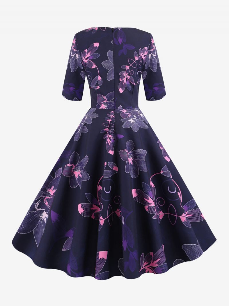 Naisten Vintage-mekko Musta 1950-luvun Audrey Hepburn -tyylinen Kukkaprinttikerrostettu Puolihihainen Sweetheart-kaula-aukkoinen Keskikokoinen Rockabilly-mekko - Purppura