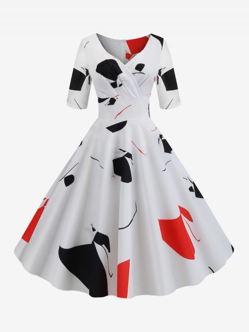 Naisten Vintage-mekko Musta 1950-luvun Audrey Hepburn -tyylinen Kukkaprinttikerrostettu Puolihihainen Sweetheart-kaula-aukkoinen Keskikokoinen Rockabilly-mekko - Punainen