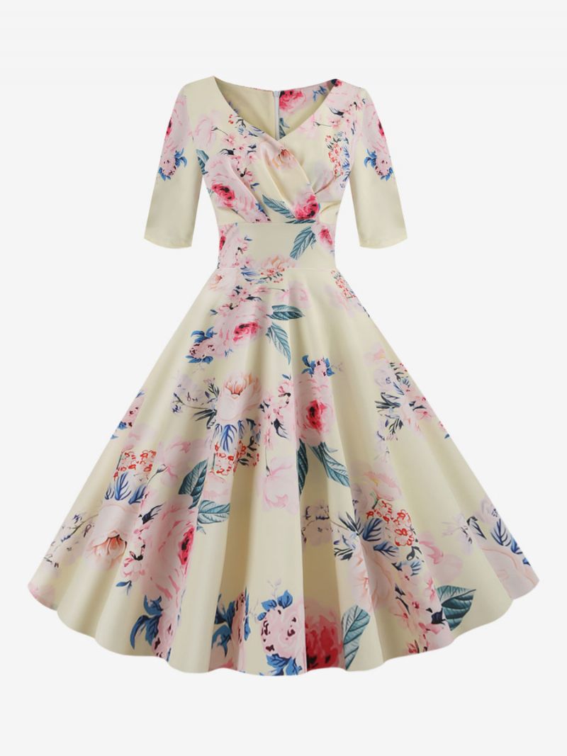 Naisten Vintage-mekko Musta 1950-luvun Audrey Hepburn -tyylinen Kukkaprinttikerrostettu Puolihihainen Sweetheart-kaula-aukkoinen Keskikokoinen Rockabilly-mekko - Beige