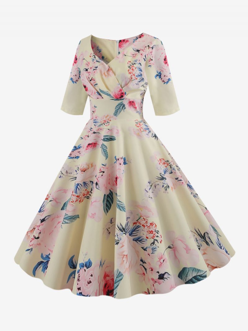 Naisten Vintage-mekko Musta 1950-luvun Audrey Hepburn -tyylinen Kukkaprinttikerrostettu Puolihihainen Sweetheart-kaula-aukkoinen Keskikokoinen Rockabilly-mekko - Beige