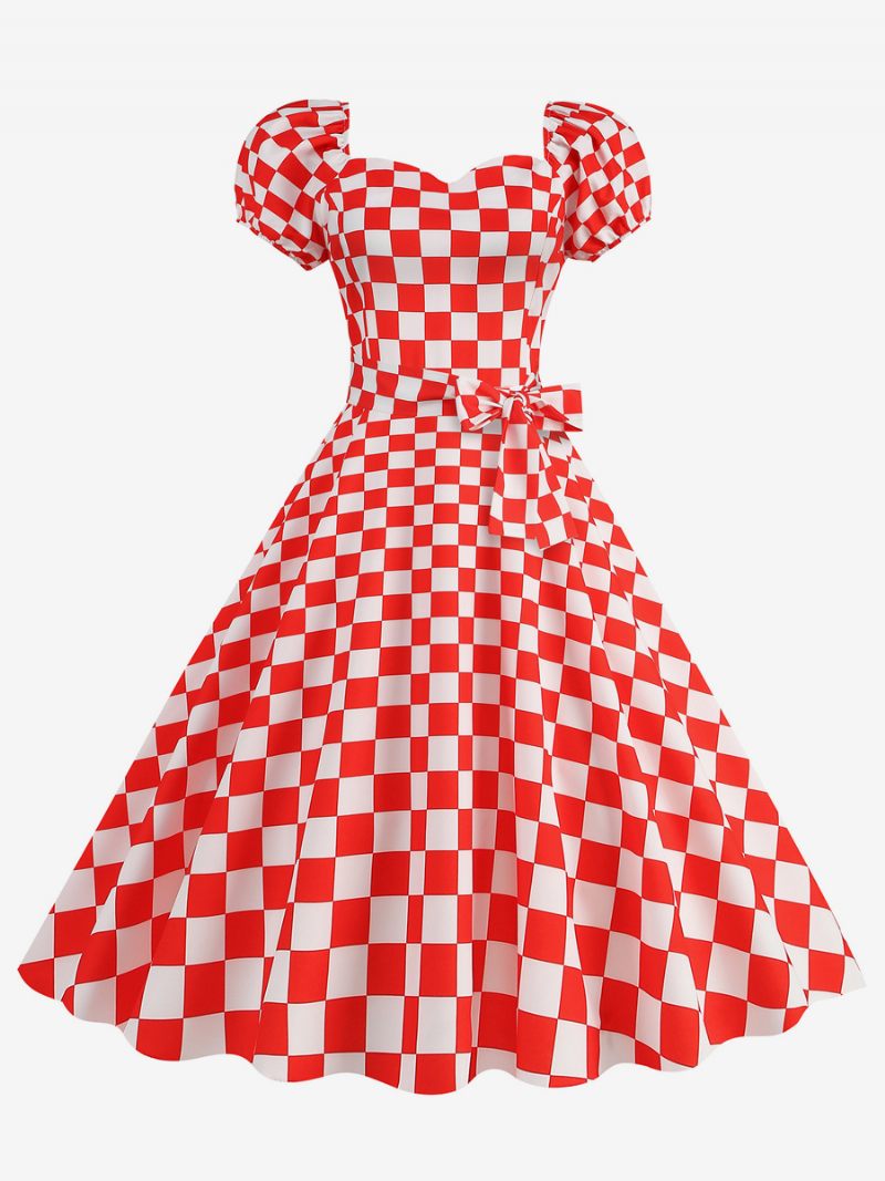 Naisten Vintage-mekko Sweetheart-kaula-aukkoinen Puhvihihat Pilkkuväriset Vapaa-ajan Pitkät Mekot - Punainen