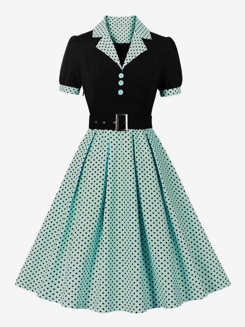 Naisten Vintage-mekko Vaaleanpunainen Pilkkullinen 1950-luvun Audrey Hepburn -tyylinen Vyö Lyhythihainen V-kaula-aukkoinen Polvipituinen Swing-mekko - Vaaleanvihreä