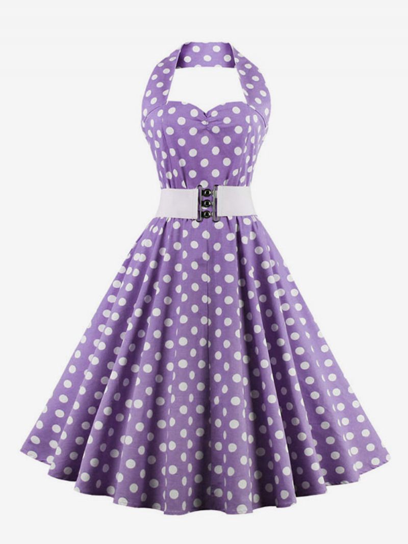 Retromekko 1950-luvun Audrey Hepburn -tyylinen Hihaton Naisten Polvipituinen Polkapisteinen Swing-mekko - Purppura