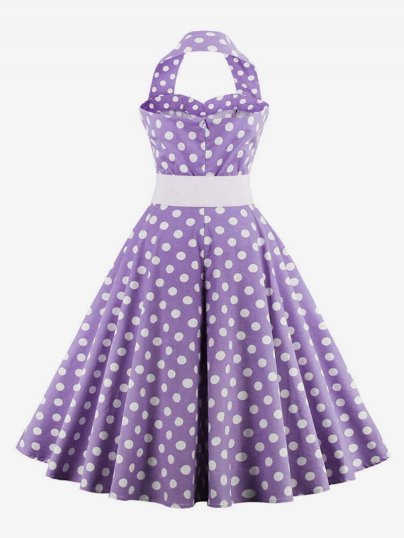 Retromekko 1950-luvun Audrey Hepburn -tyylinen Hihaton Naisten Polvipituinen Polkapisteinen Swing-mekko - Purppura