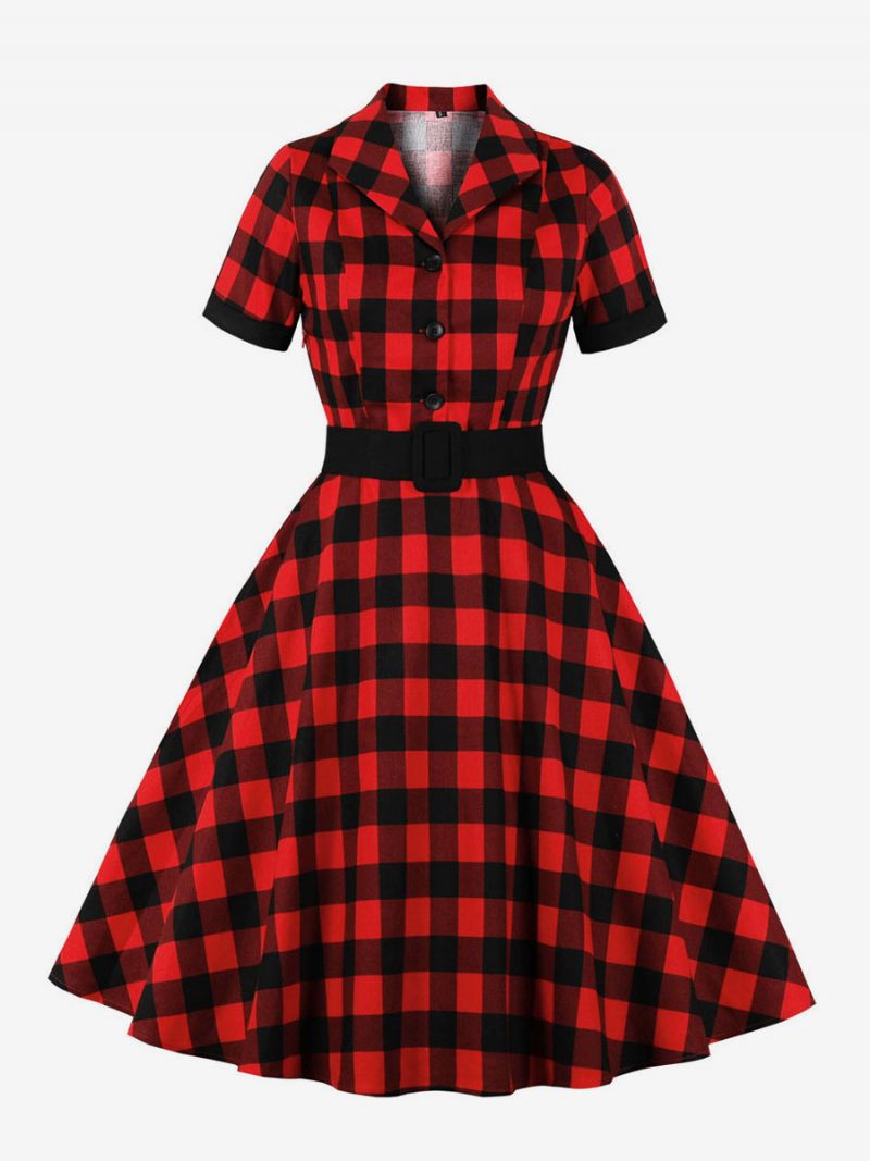 Retromekko 1950-luvun Audrey Hepburn -tyylinen Sininen Harmaa Naisten Lyhythihainen Rockabilly-mekko - Punainen