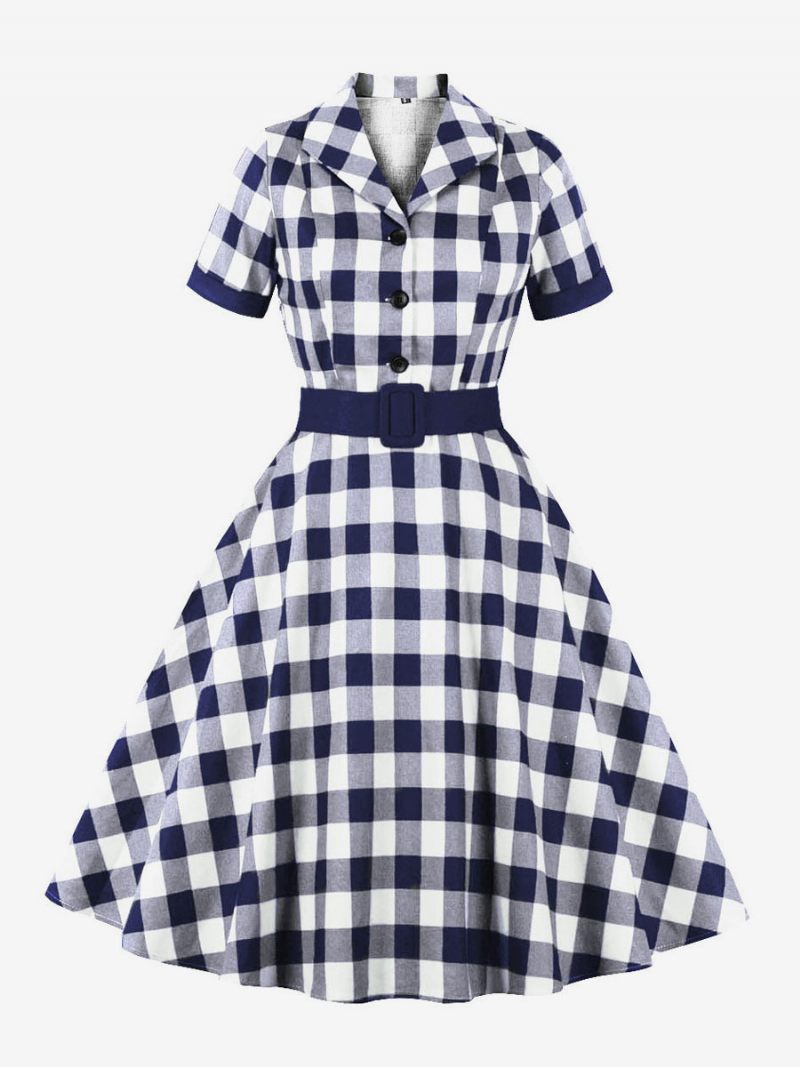 Retromekko 1950-luvun Audrey Hepburn -tyylinen Sininen Harmaa Naisten Lyhythihainen Rockabilly-mekko - Syvänsininen