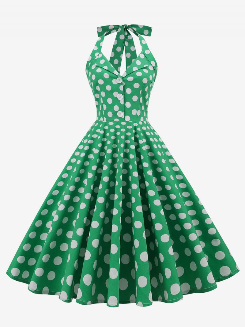 Retromekko 1950-luvun Audrey Hepburn -tyylinen Tumma Laivastonsininen Pilkullinen Naisten Napit Hihaton Riimu Rockabilly-mekko