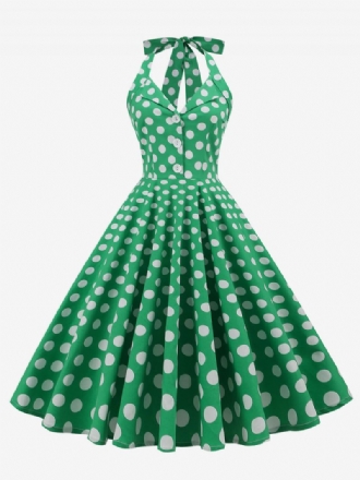 Retromekko 1950-luvun Audrey Hepburn -tyylinen Tumma Laivastonsininen Pilkullinen Naisten Napit Hihaton Riimu Rockabilly-mekko