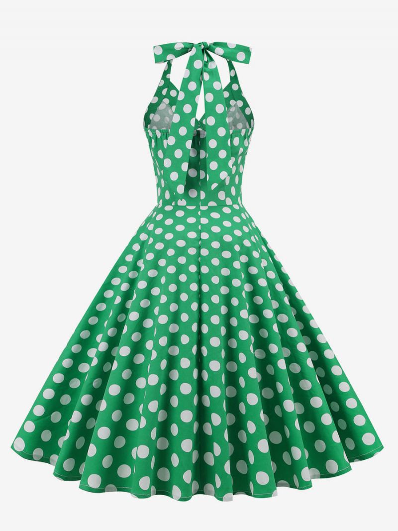 Retromekko 1950-luvun Audrey Hepburn -tyylinen Tumma Laivastonsininen Pilkullinen Naisten Napit Hihaton Riimu Rockabilly-mekko - Vihreä