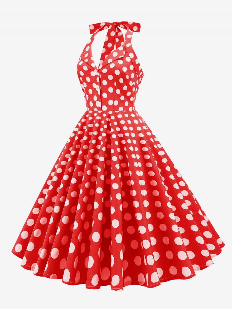 Retromekko 1950-luvun Audrey Hepburn -tyylinen Tumma Laivastonsininen Pilkullinen Naisten Napit Hihaton Riimu Rockabilly-mekko - Punainen