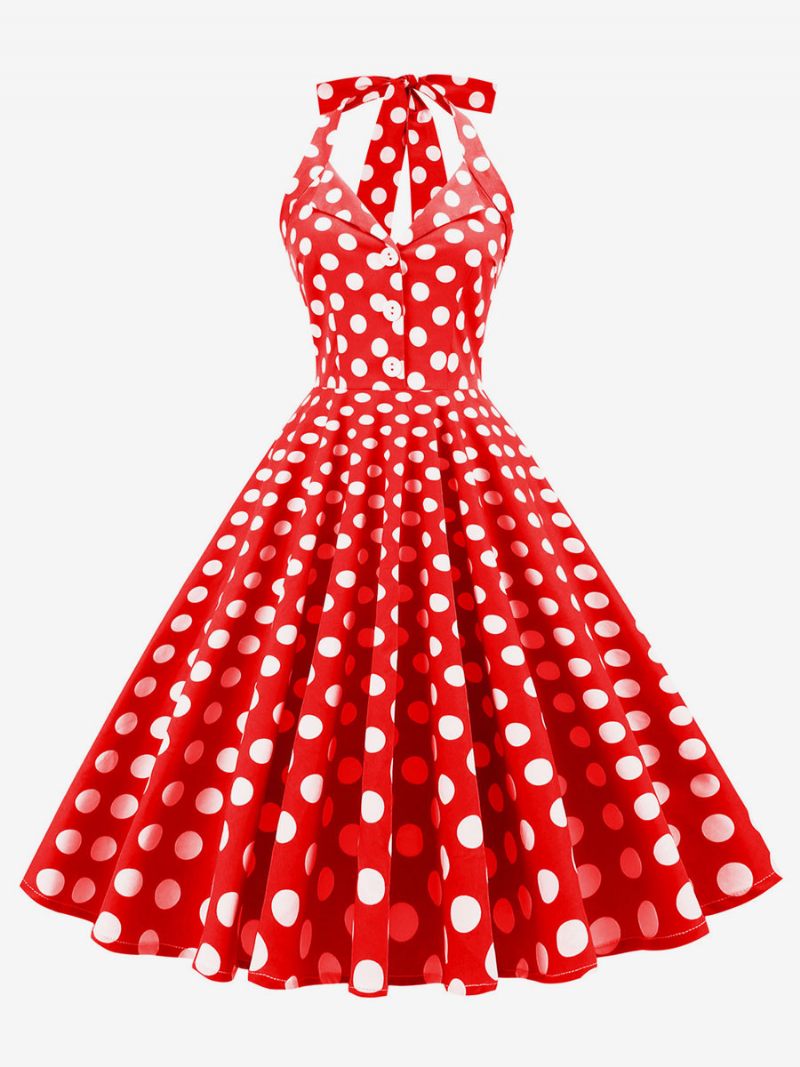 Retromekko 1950-luvun Audrey Hepburn -tyylinen Tumma Laivastonsininen Pilkullinen Naisten Napit Hihaton Riimu Rockabilly-mekko - Punainen