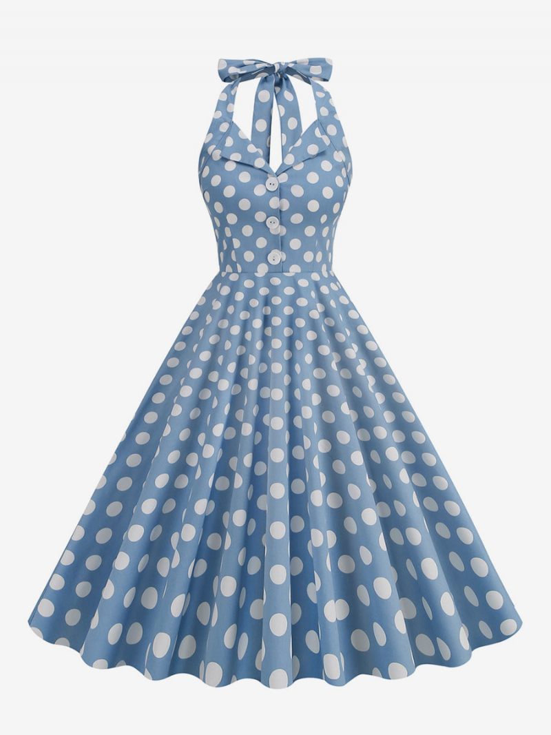 Retromekko 1950-luvun Audrey Hepburn -tyylinen Tumma Laivastonsininen Pilkullinen Naisten Napit Hihaton Riimu Rockabilly-mekko - Vaalea Taivaansininen