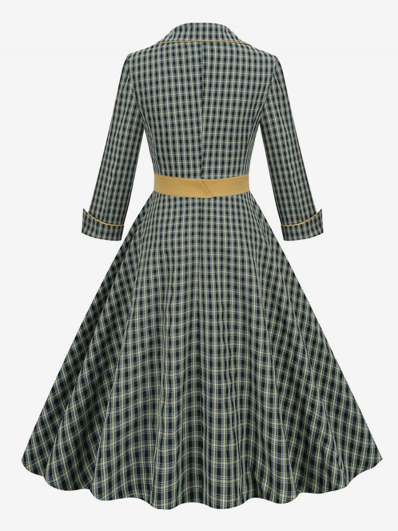 Vintage Mekko 1950-luvun Audrey Hepburn -tyylinen Huoneen Yökuntoon Laitto Pitkähihainen Naisten Keskikokoinen Ruudullinen Rockabilly-mekko - Hunter Green