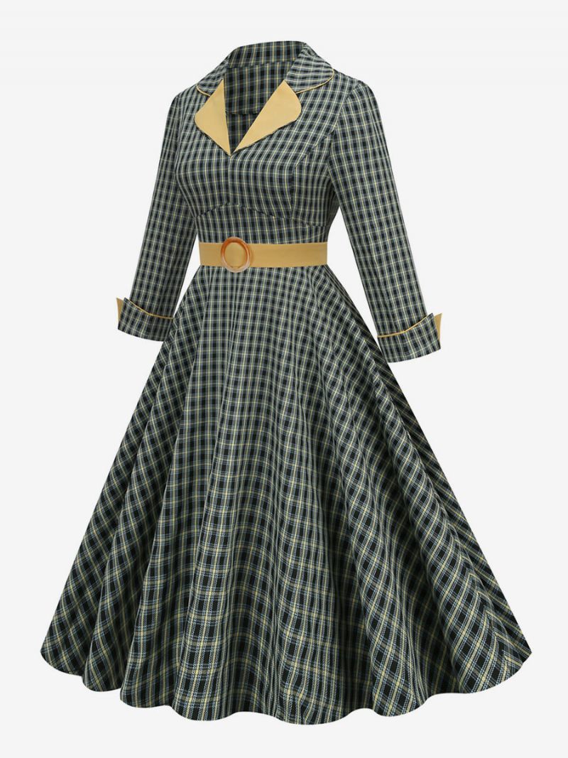 Vintage Mekko 1950-luvun Audrey Hepburn -tyylinen Huoneen Yökuntoon Laitto Pitkähihainen Naisten Keskikokoinen Ruudullinen Rockabilly-mekko - Hunter Green