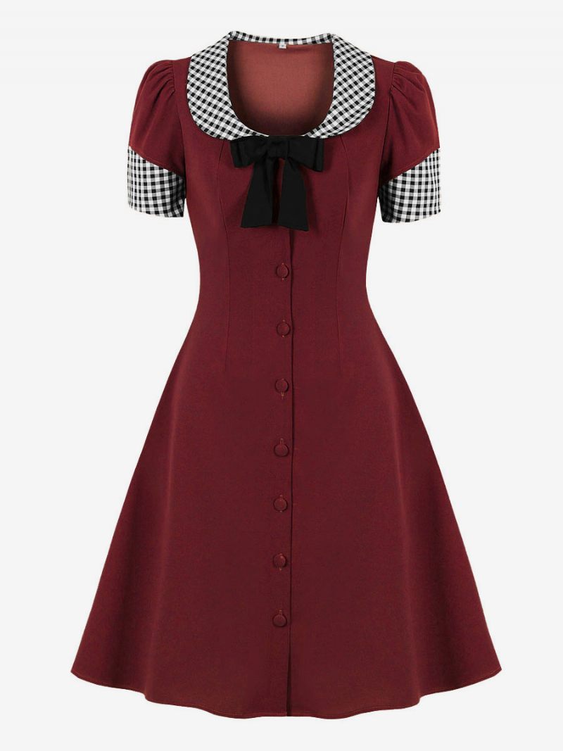 Vintage-mekko 1950-luvun Audrey Hepburn -tyylinen Nauhallinen Lyhythihainen Naisten Polvipituinen Värillinen Rockabilly-mekko - Burgundy