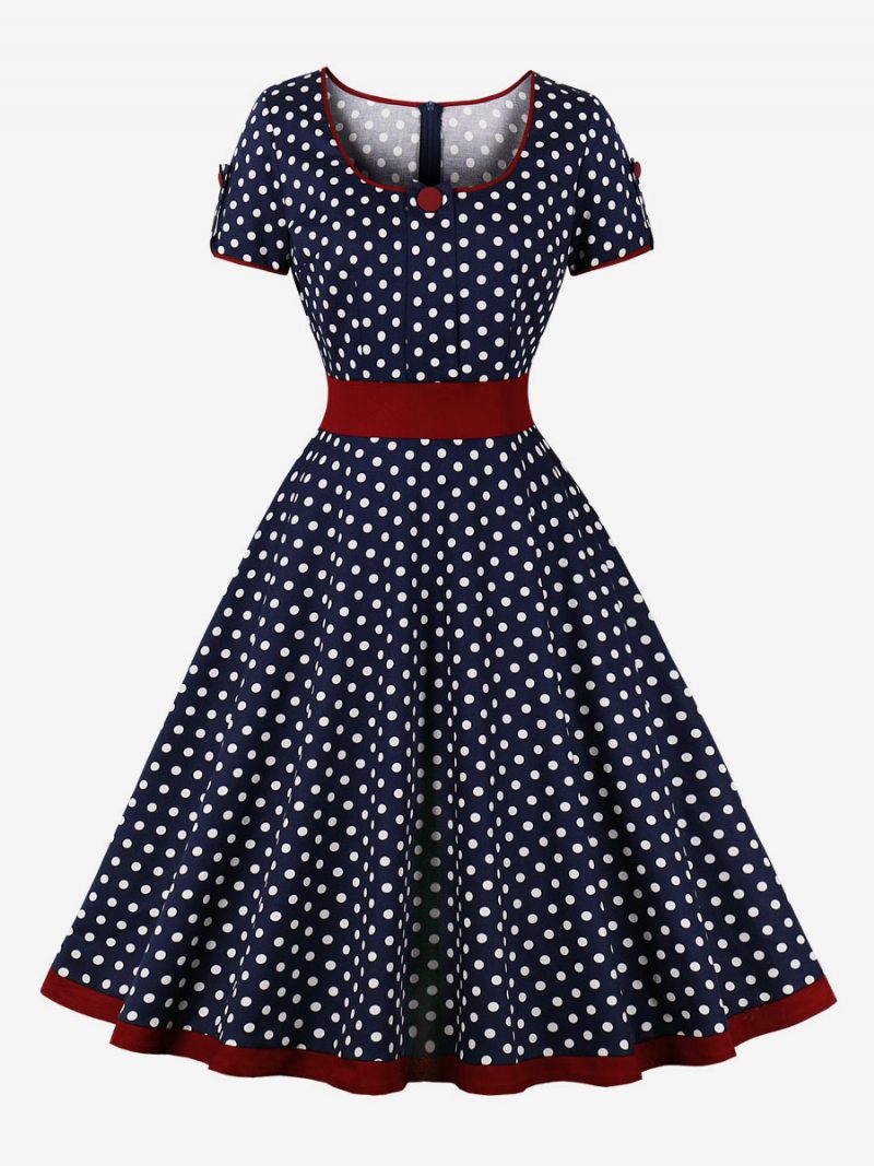 Vintage Mekko 1950-luvun Audrey Hepburn -tyylinen Tumma Laivastonsininen Pilkullinen Naisten Lyhythihainen Rockabilly-mekko - Tumma Laivasto