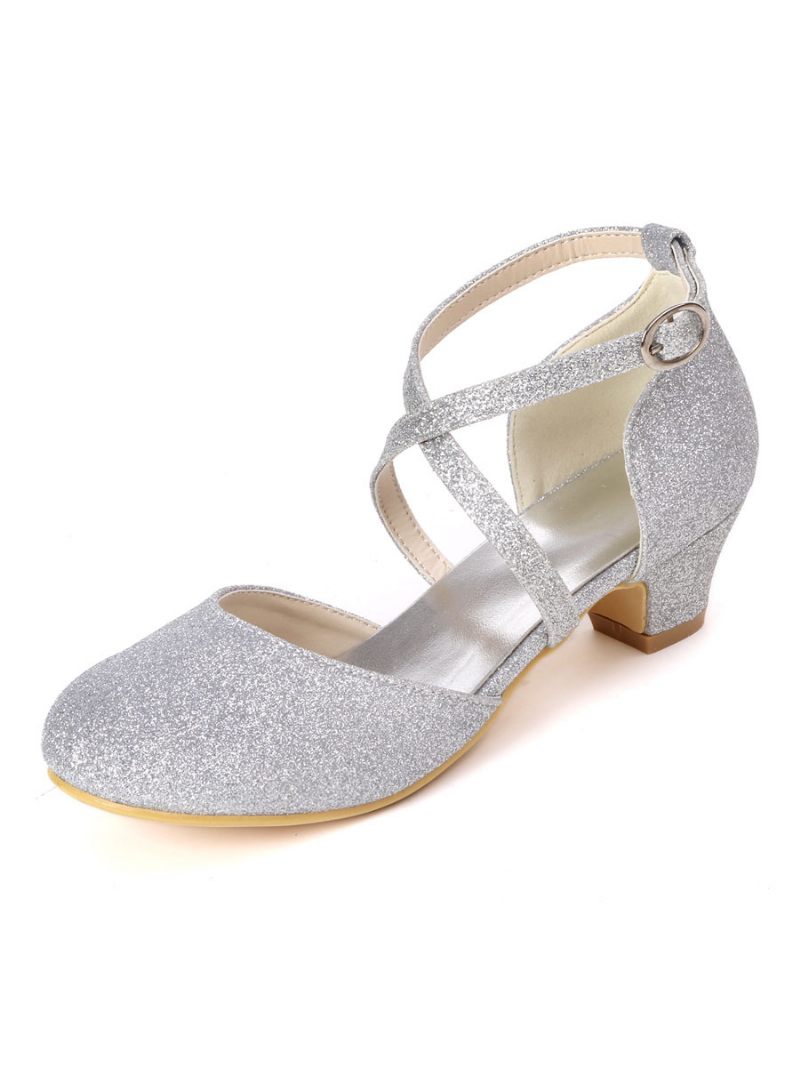 Girls Glitter Cross Strap Kitten Heel Kukka Tyttö -kengät