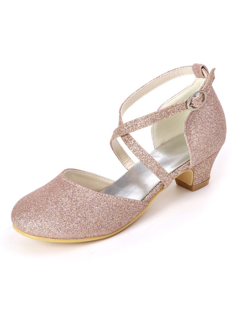 Girls Glitter Cross Strap Kitten Heel Kukka Tyttö -kengät - Samppanja