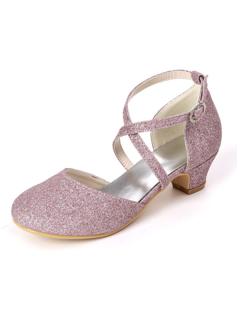 Girls Glitter Cross Strap Kitten Heel Kukka Tyttö -kengät - Lila