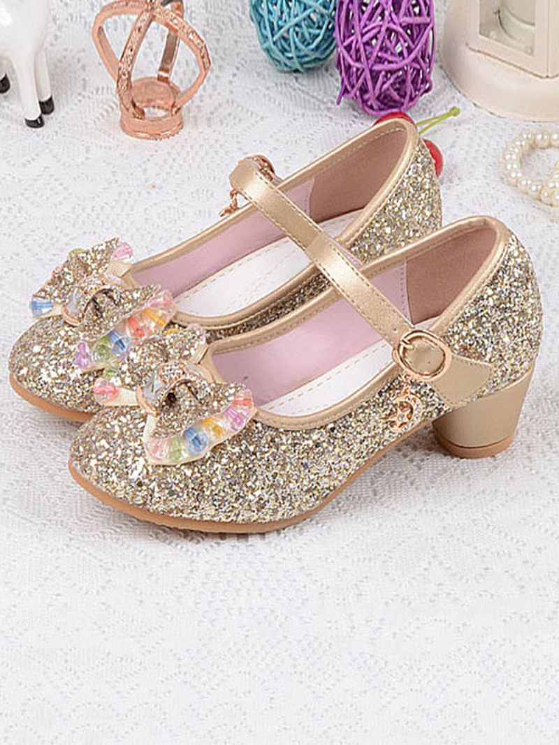 Tyttö Kengät Kukka Glitter Bow Mary Jane Chunky Heel Pumps - Kulta