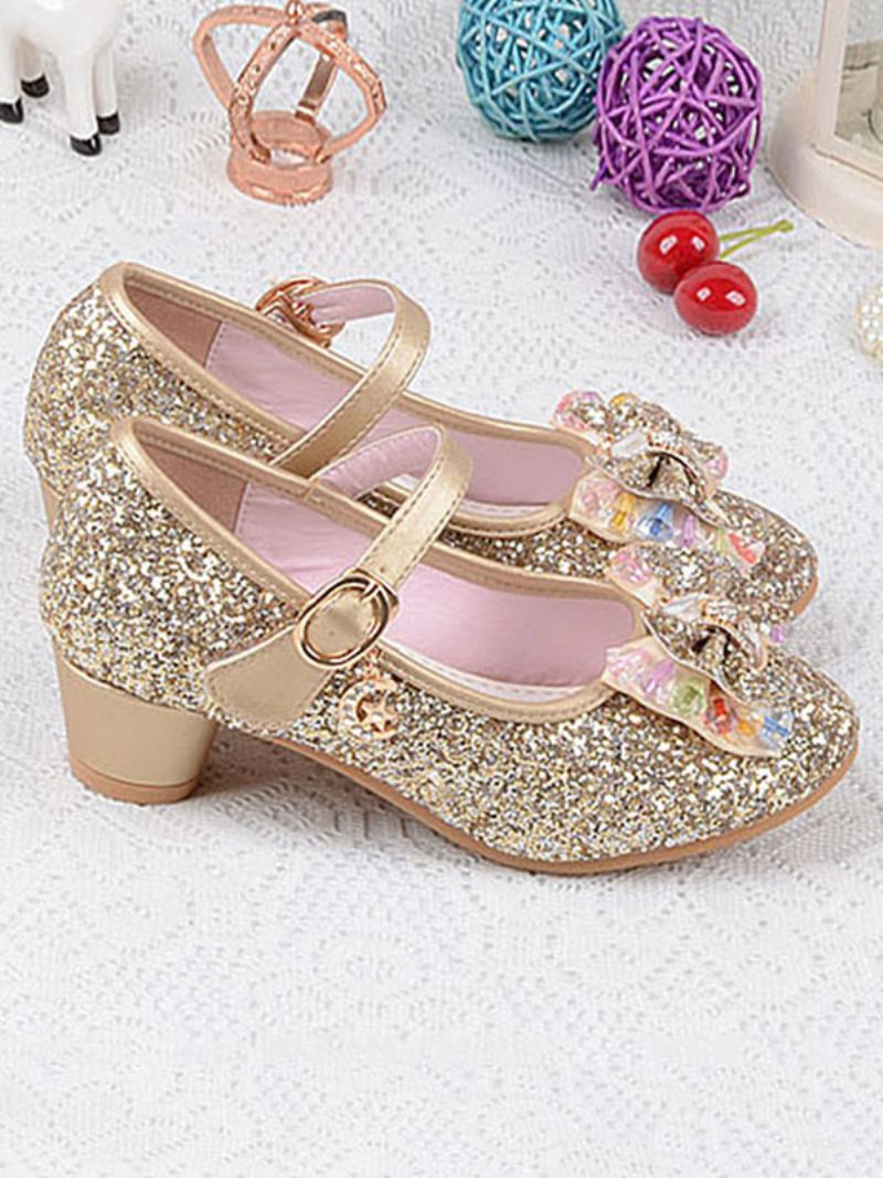 Tyttö Kengät Kukka Glitter Bow Mary Jane Chunky Heel Pumps - Kulta