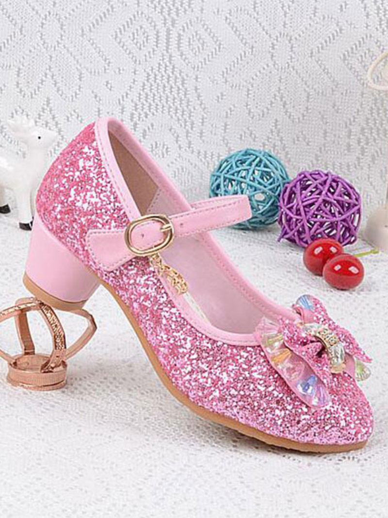 Tyttö Kengät Kukka Glitter Bow Mary Jane Chunky Heel Pumps - Pink