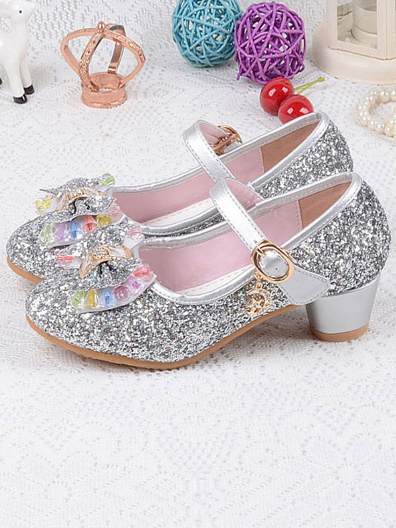 Tyttö Kengät Kukka Glitter Bow Mary Jane Chunky Heel Pumps - Hopea