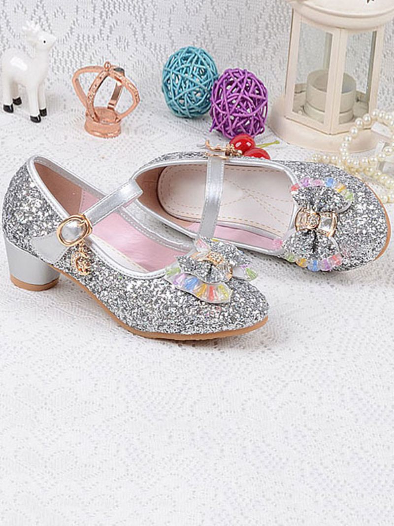 Tyttö Kengät Kukka Glitter Bow Mary Jane Chunky Heel Pumps - Hopea