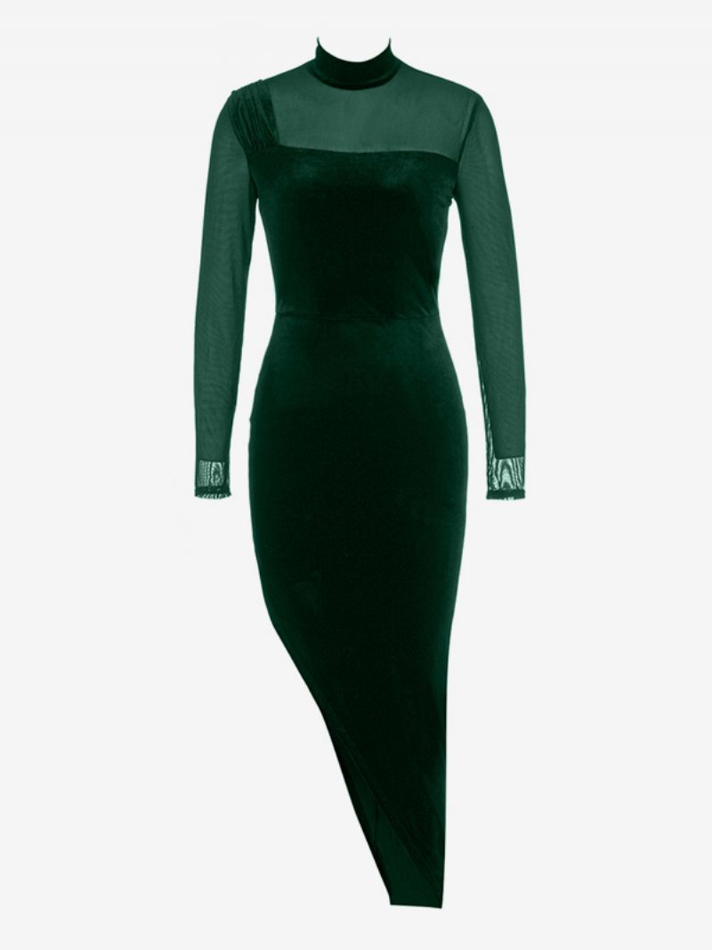 Naisten Samettimekko Epäsymmetrinen Illusion-pääntie Pitkähihaiset Bodycon Maxi -mekot - Tummanvihreä