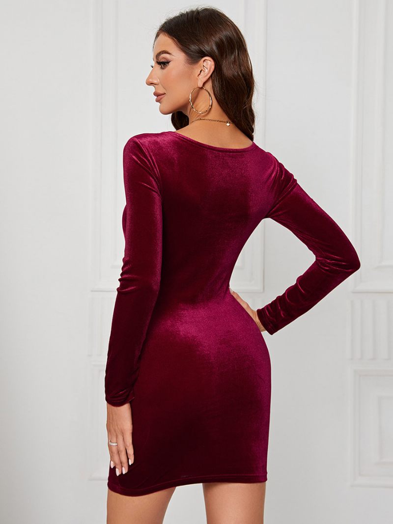 Naisten Samettimekko Sweetheart Kaula-pitkähihaiset Seksikäs Mini Bodycon -mekot - Burgundy