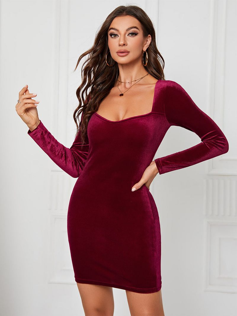 Naisten Samettimekko Sweetheart Kaula-pitkähihaiset Seksikäs Mini Bodycon -mekot - Burgundy