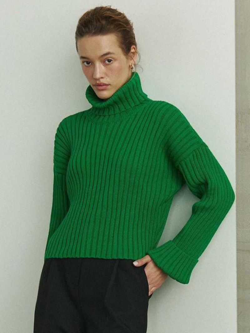 Polo Neck -neulepusero Drop Shoulder Yksiväriset Neulepuserot Naisille - Vihreä